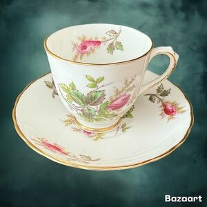 Vintage Royal Chelsea Fine Bone China England Moss Rose Demitasse Teacup Saucer